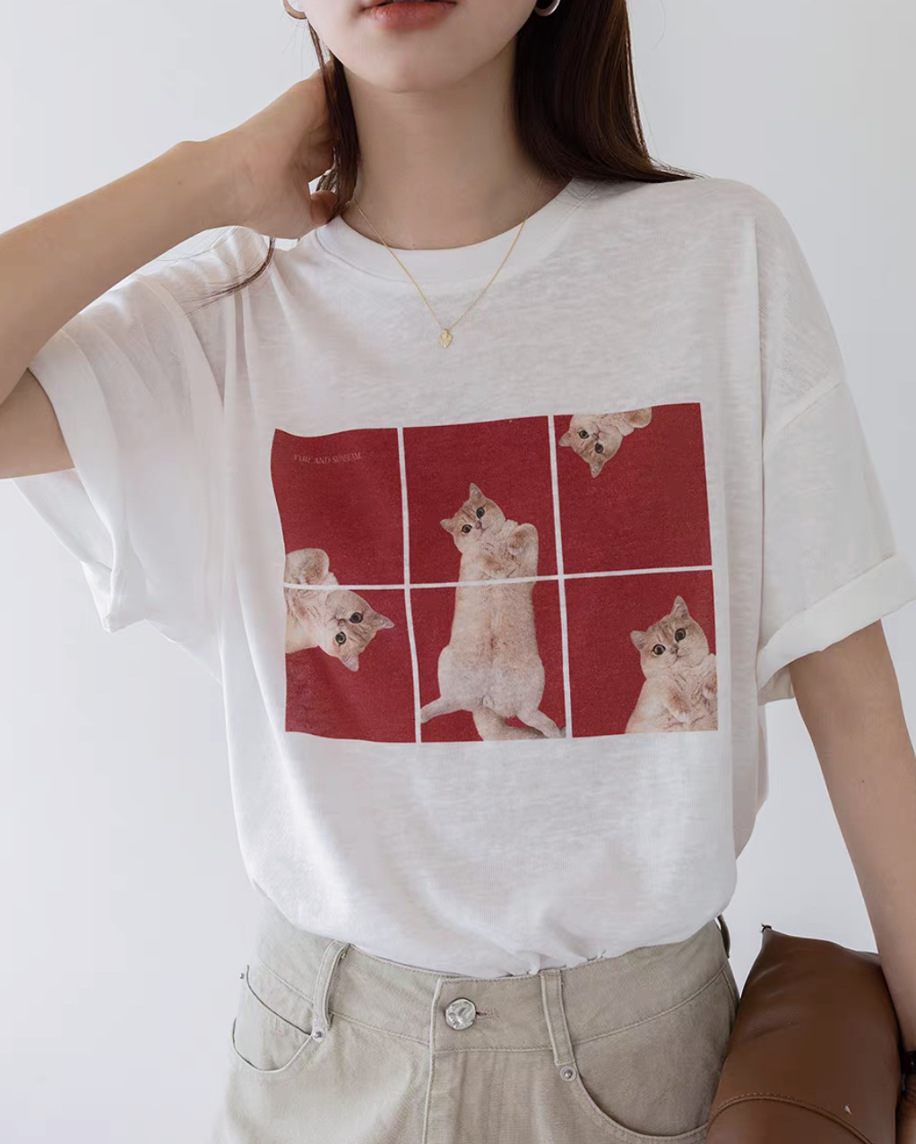 Kittens print crewneck mid length cotton tee