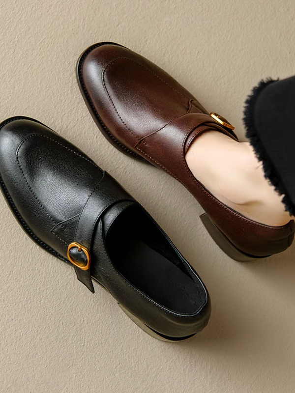 Side buckle calf leather strap loafers