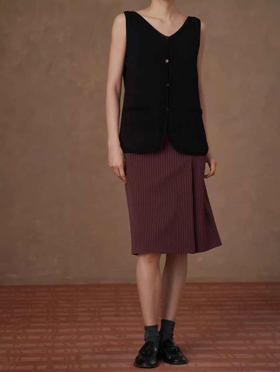 Thumbnail: Poly acrylic knitted wavy trim black buttoned V neck vest