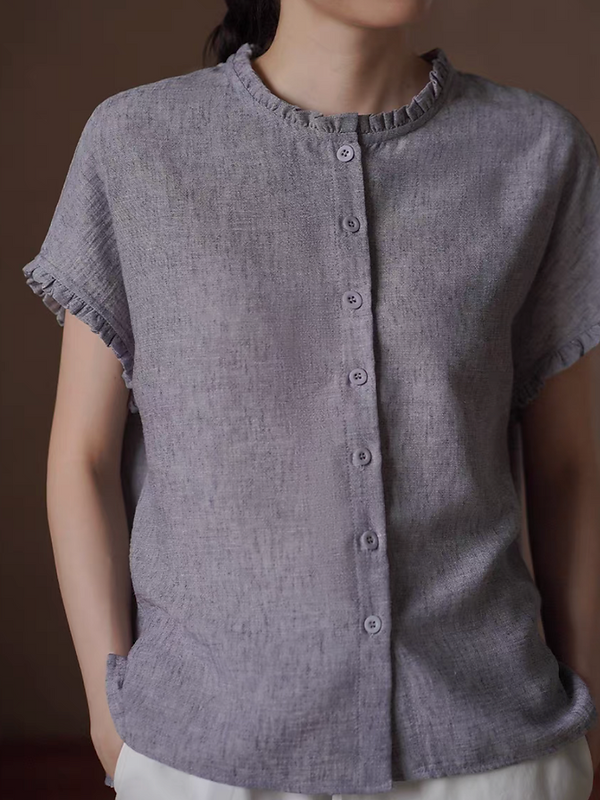 Pleated trim poly greyish blue buttoned blouse