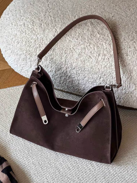 Suede calf leather twist metal bucket strap drape hobo shoulder +crossbody bag
