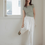 Thumbnail: Belted cotton linen embossed straight pants with elastic band high waist