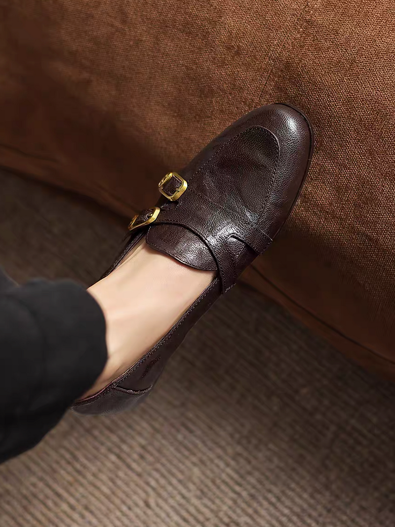 Double buckles contour calf leather embossed loafers 2