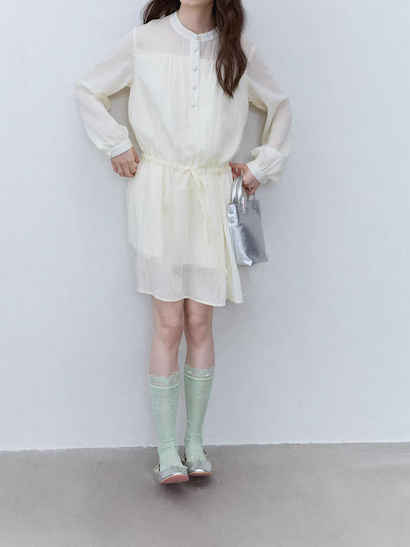 Ivory lyocell drawstring lined buttoned sheer layered midi dress 6