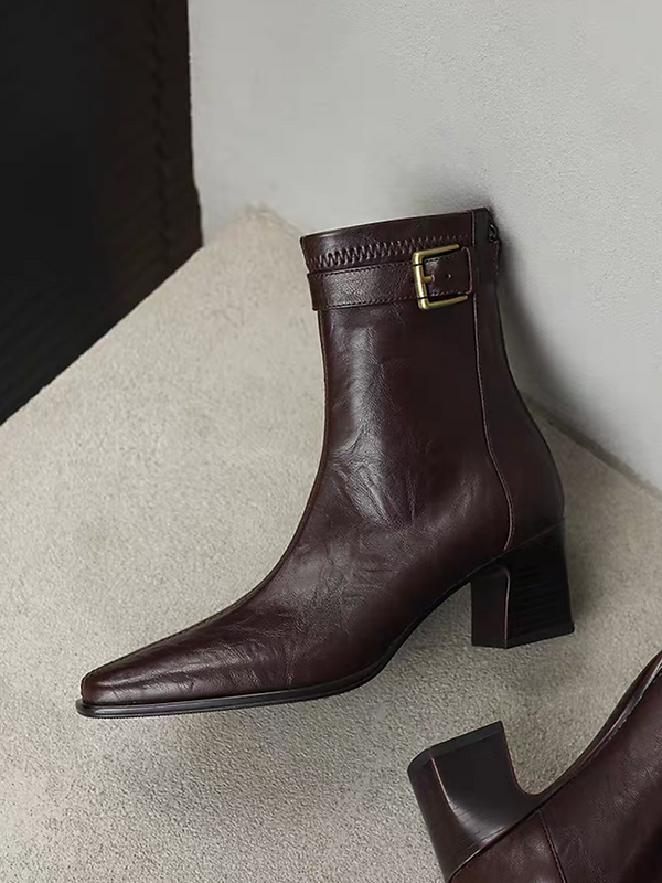 Lambskin ankle buckle strap chunky heel ankle slim boots