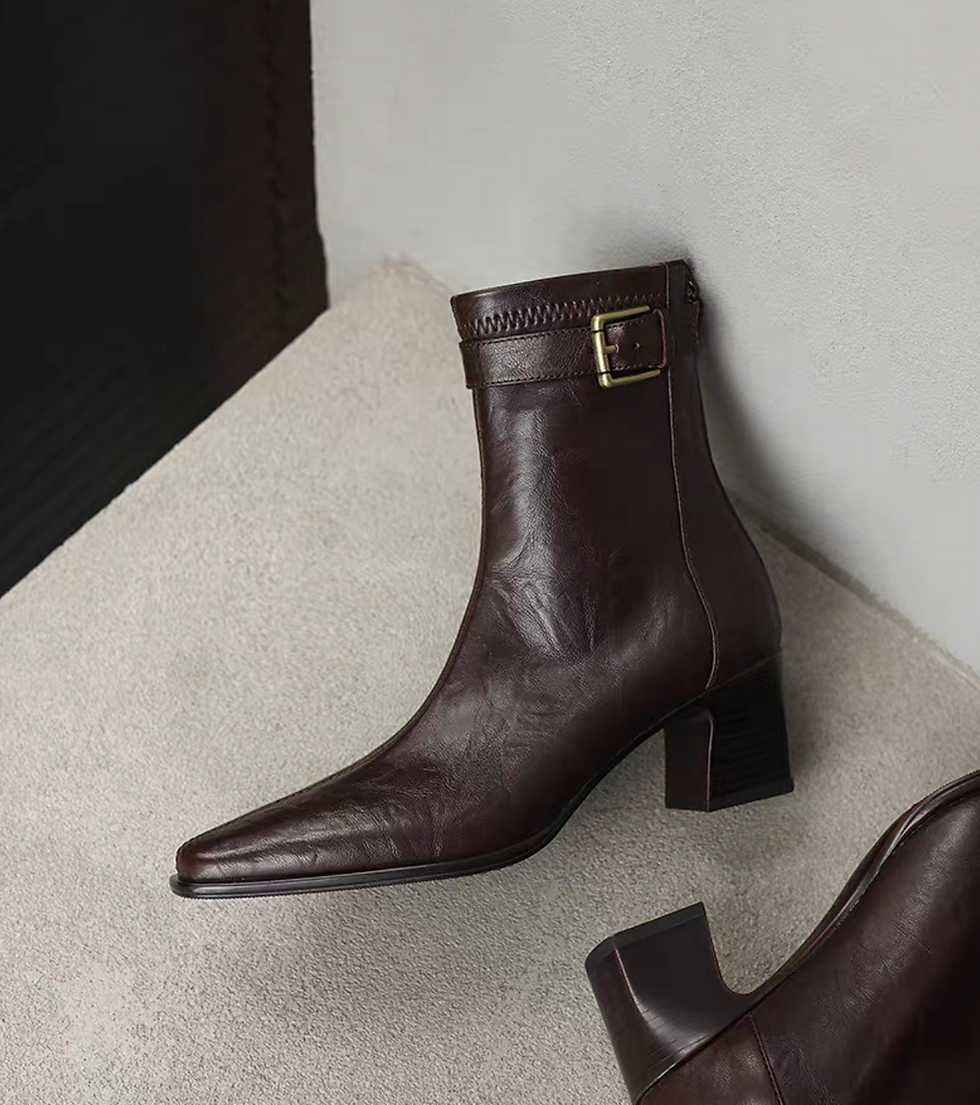 Thumbnail: Lambskin ankle buckle strap chunky heel ankle slim boots