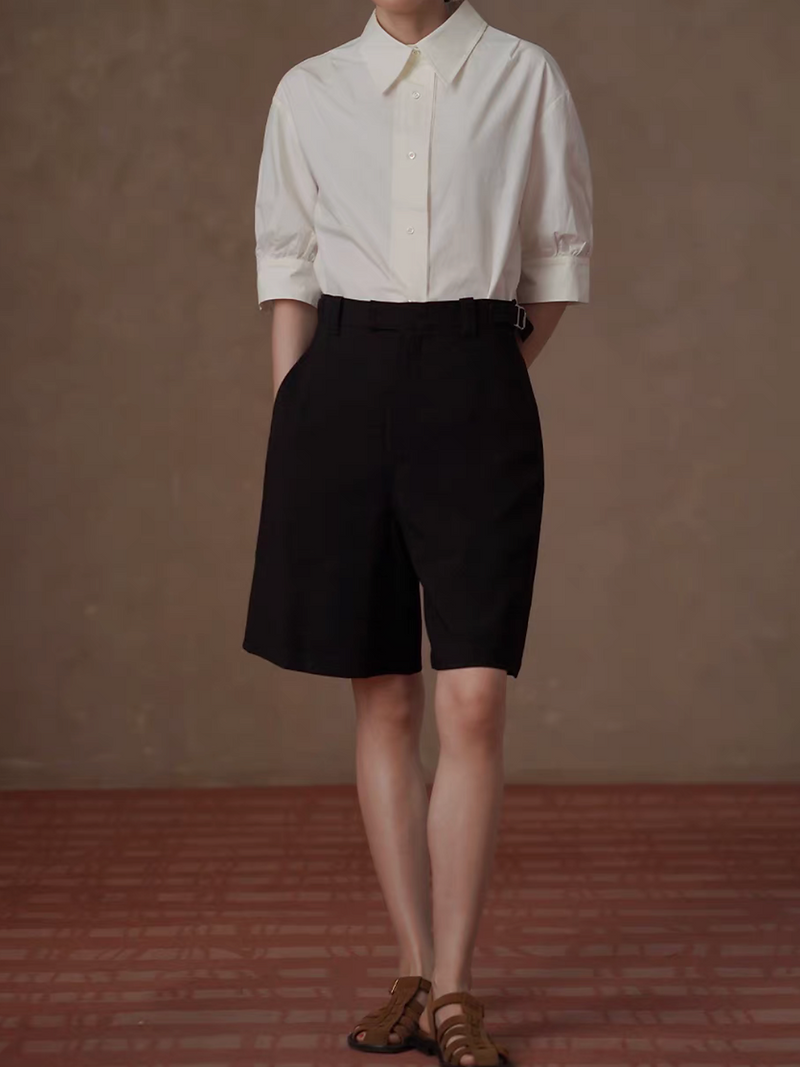 High waisted side adjusted buckle strap pleated poly rayon black shorts 3