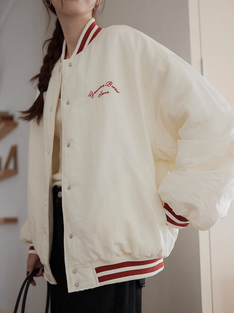 Color blocking nylon rayon puffer baseball jacket 5