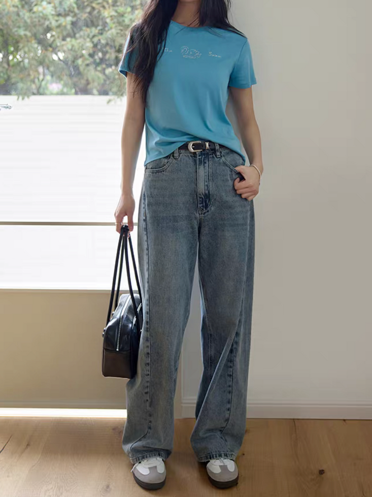 High waisted acid washed denim straight pants 7