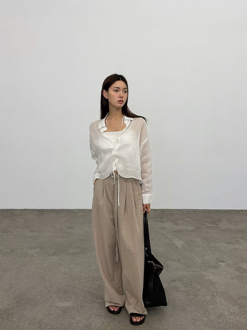Wavy ruffle trim sheer pure linen cropped shirt 4