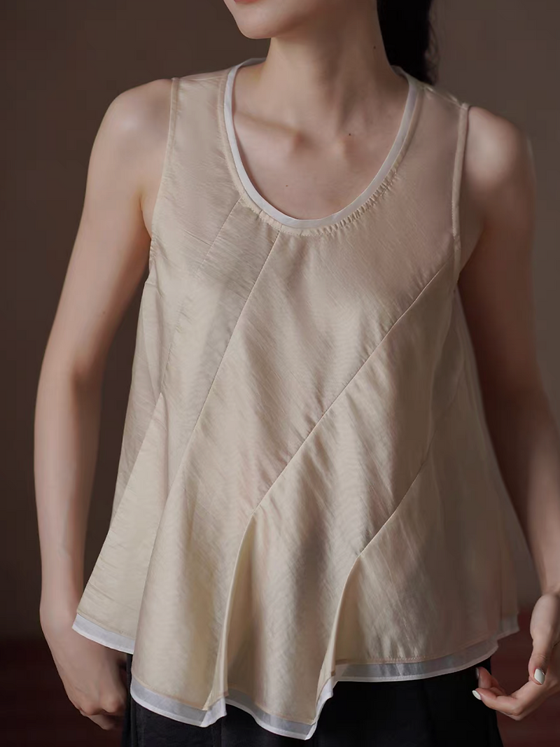 U neck ivory trim bicolor tencel asymmetric champaign pleated vest 2
