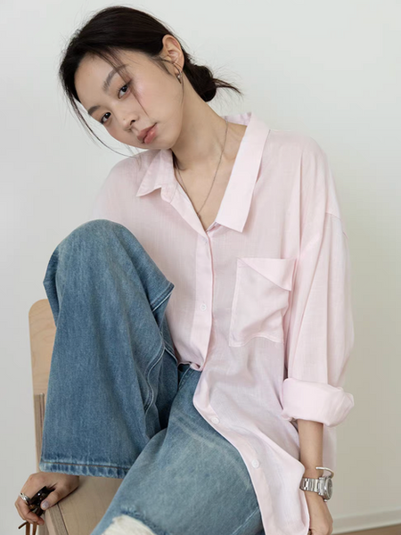 Flipped pocket tencel linen mid length lazy shirt