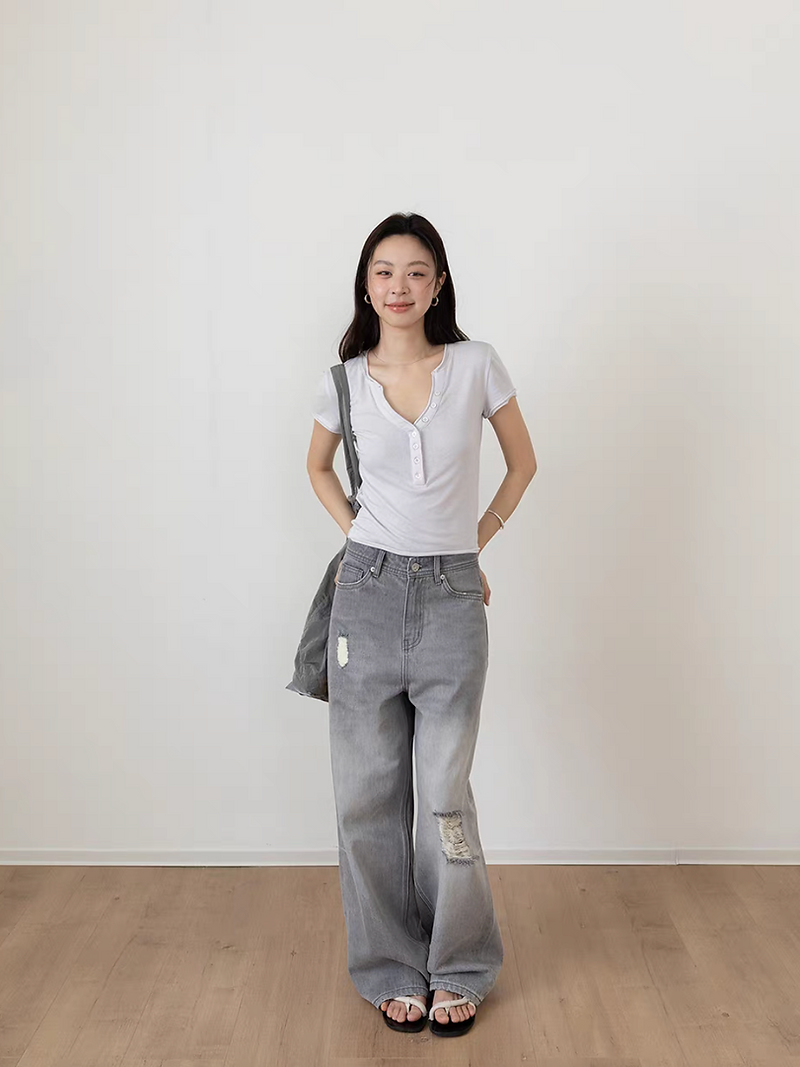 High rise back adjusted buckle strap straight leg denim ripped jeans 11