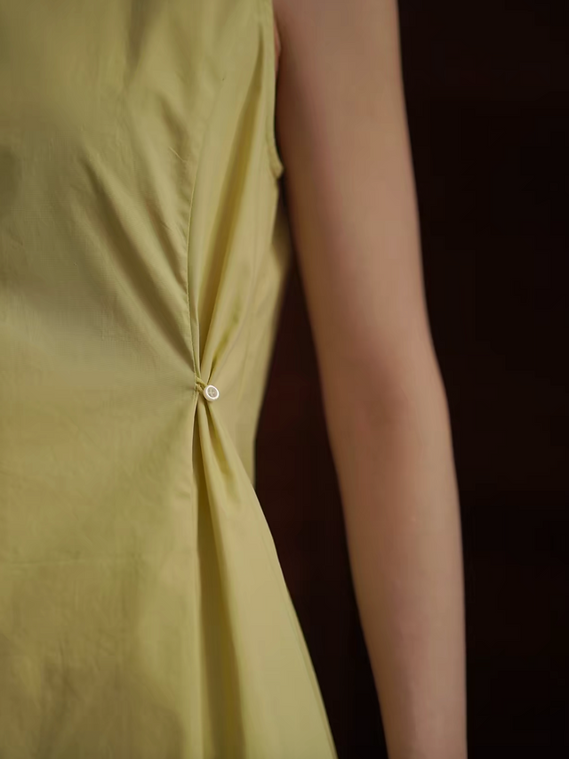 Pastel yellow waist buttoned cotton sleeveless dress 4