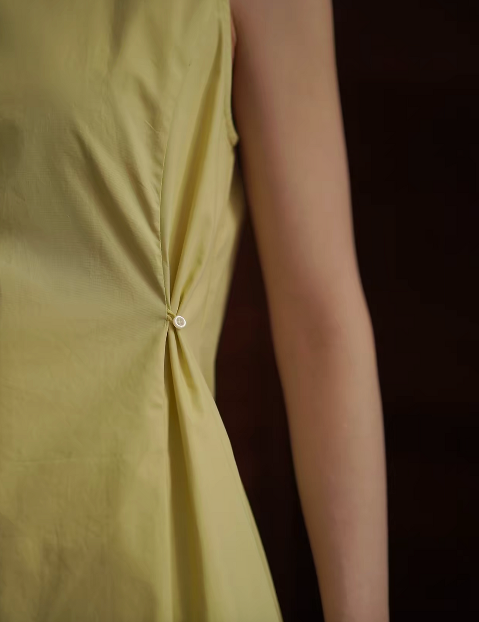 Thumbnail: Pastel yellow waist buttoned cotton sleeveless dress