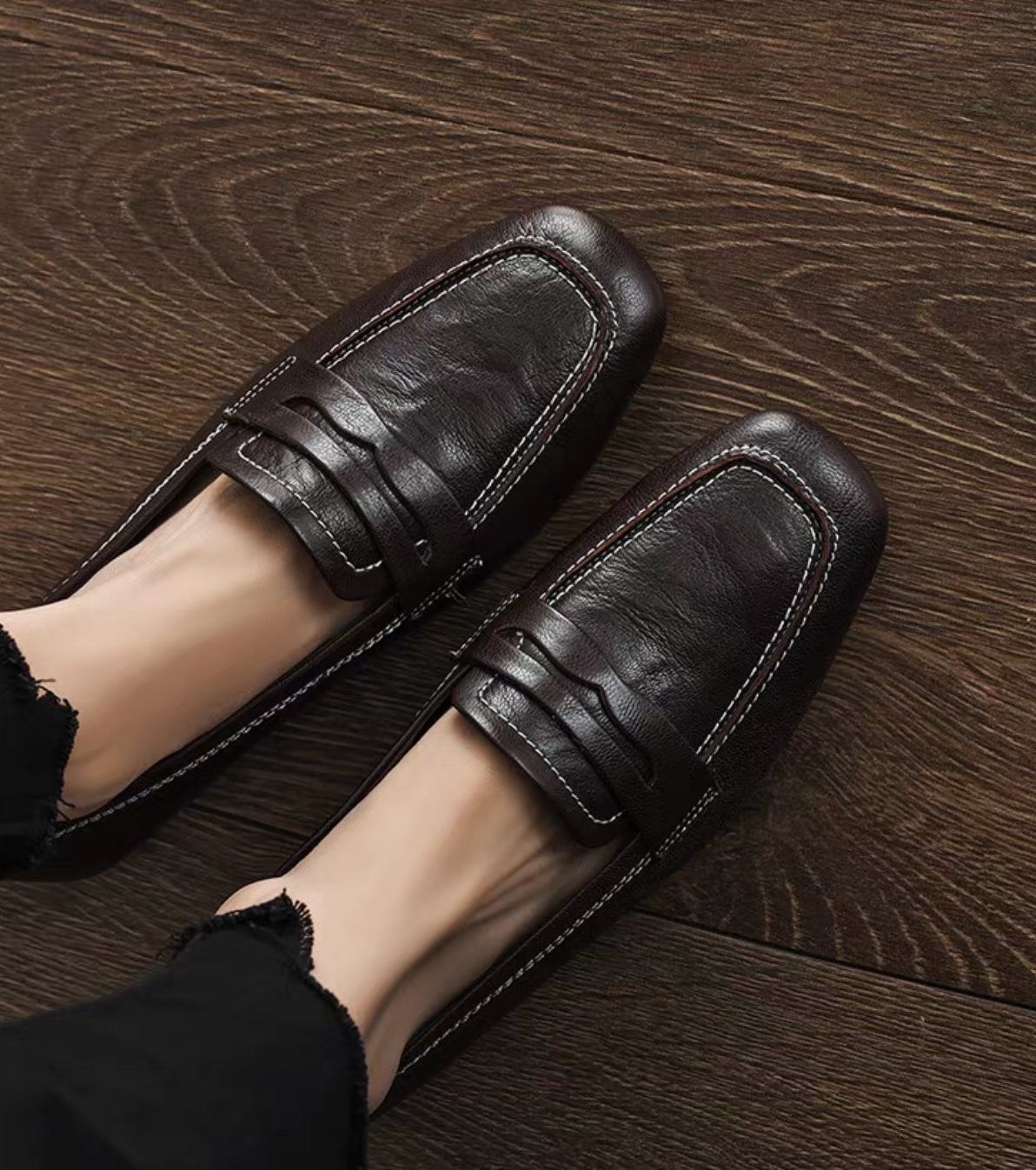 White stitched penny saver lambskin loafers