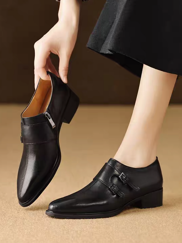 Double buckles pointy lambkskin wood heel shoes 3