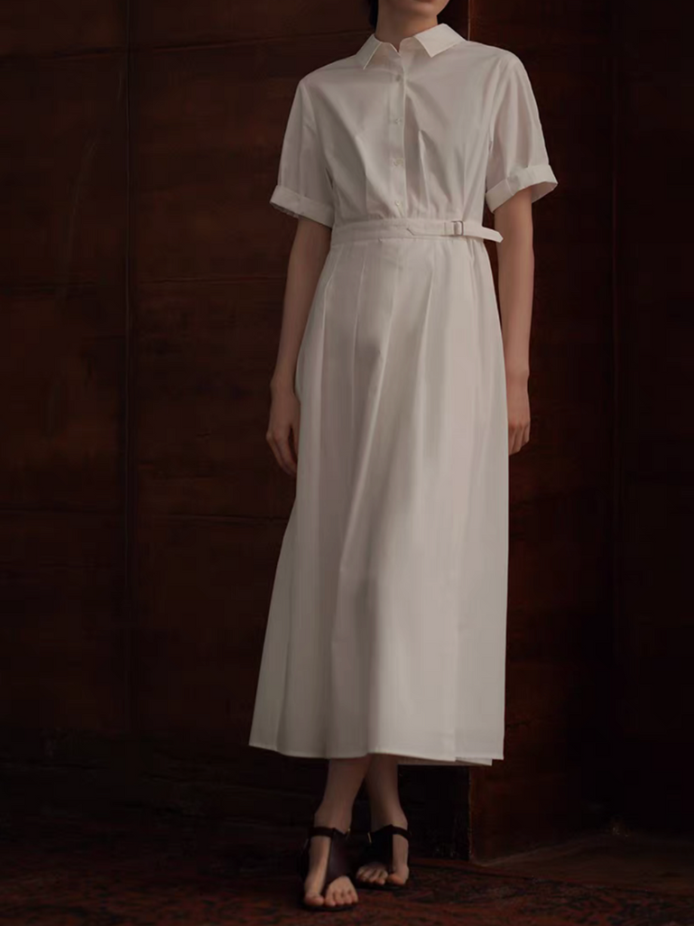 Waist adjusted strap cotton white layered shirt dress 7