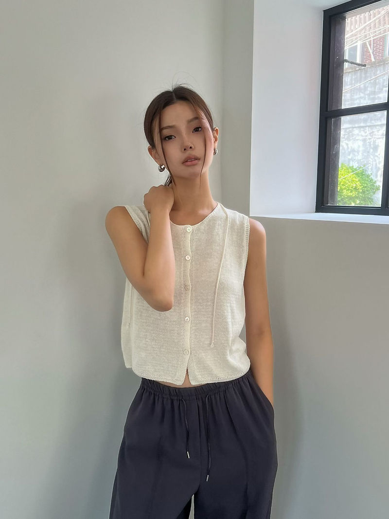 Drawstring crewneck knitted linen nylon cotton crewneck top 4