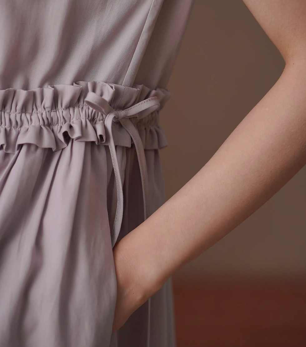 Thumbnail: Morandi purple waist ruffles drawstring flutter sleeves pure lyocell midi dress