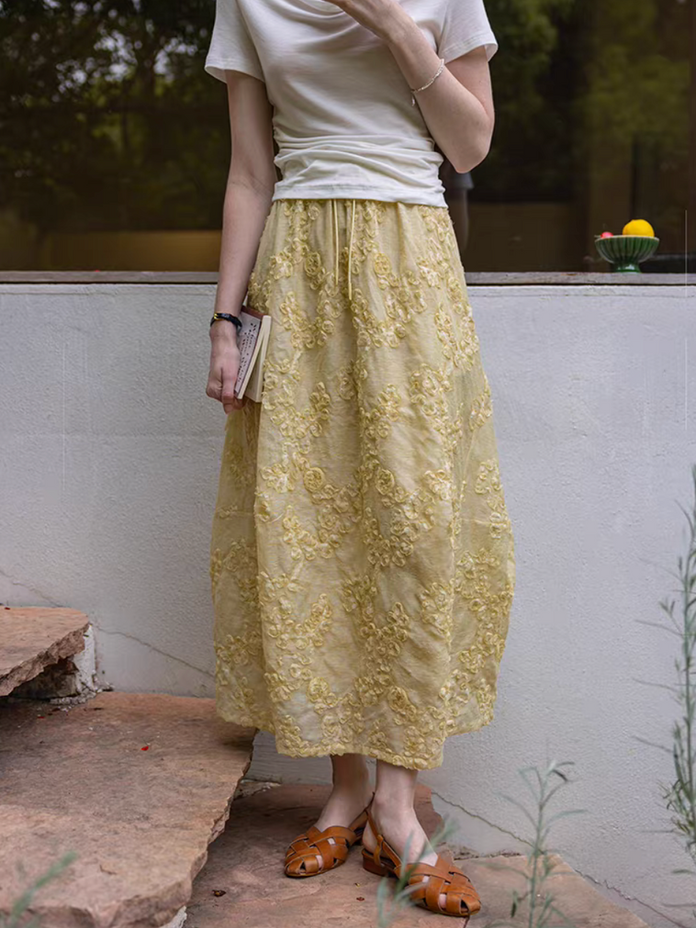 Embossed floral mustard yellow drawstring elasticated tencel linen skirt 4