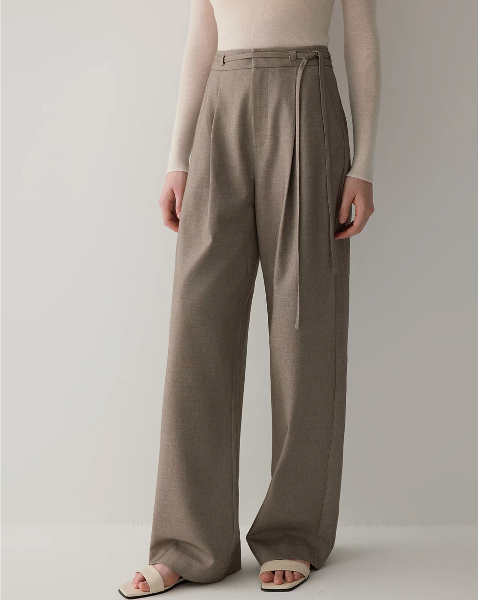 Thumbnail: Khaki beige belted high waisted pleated tencel wool rayon pants