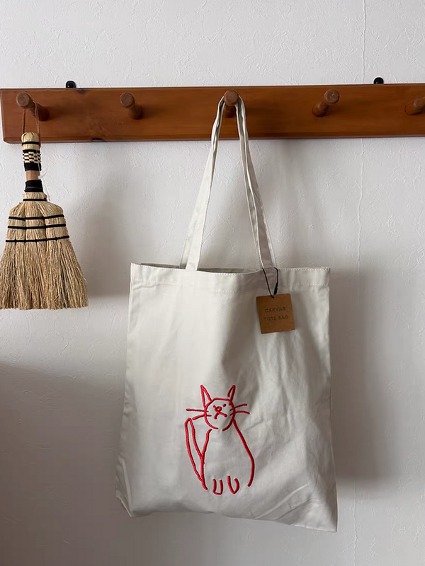 Japan Matoka doodle cat embroidered ivory tote bag