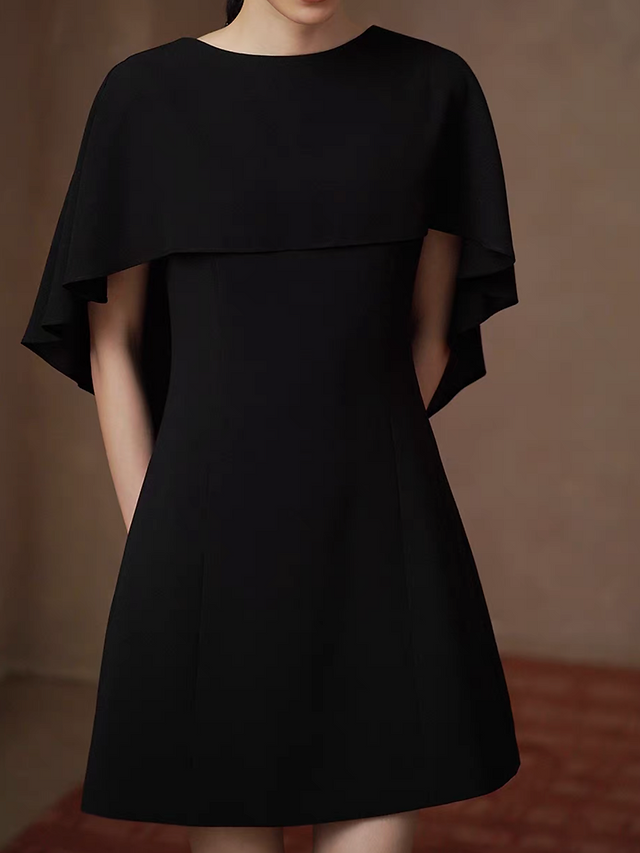 Fluid drape ruffle trim low back shawl connect black poly midi dress 10
