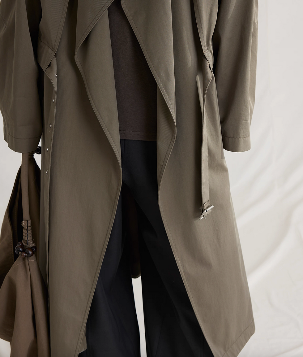 Thumbnail: Olive khaki cotton rayon back ruffle trim belted trench coat