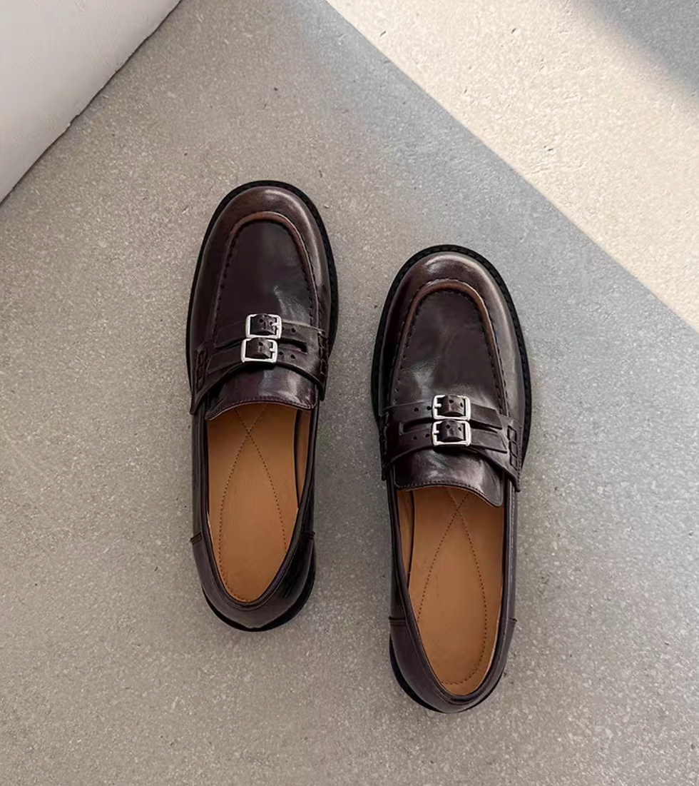 Thumbnail: Mid double buckle straps contour calf leather loafers