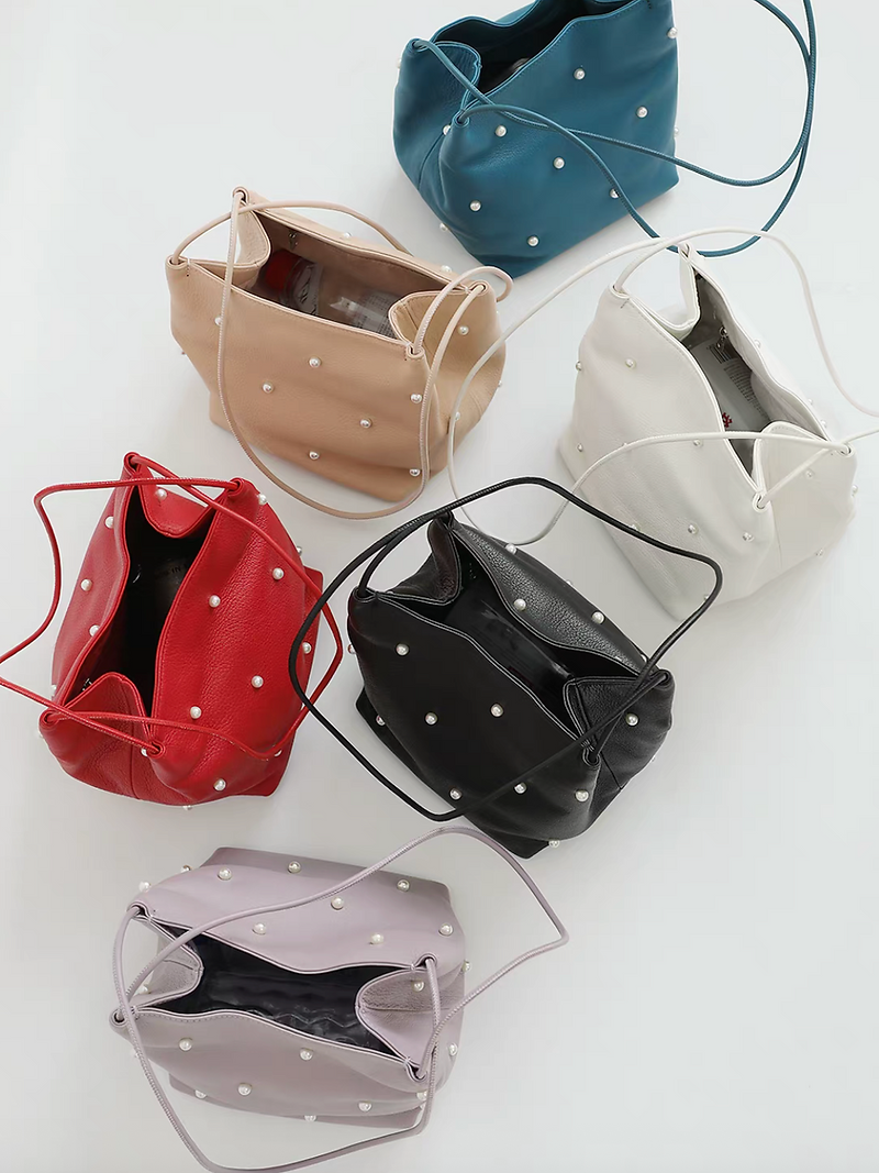 Alloy plaster pearls deco bucket togo lambskin shoulder bag 5