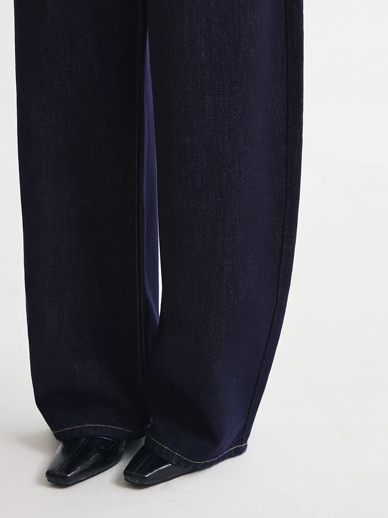 Dark navy denim bronze stitched engraved buttoned high rise straight jeans 9