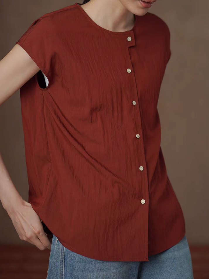 Poly rayon buttoned flutter sleeves brick red blouse 2