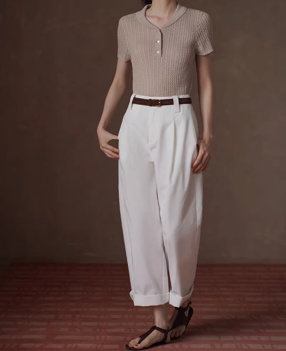 Thumbnail: Beige color lyocell cable knitted sailor collar shell buttoned stretchy knitwear