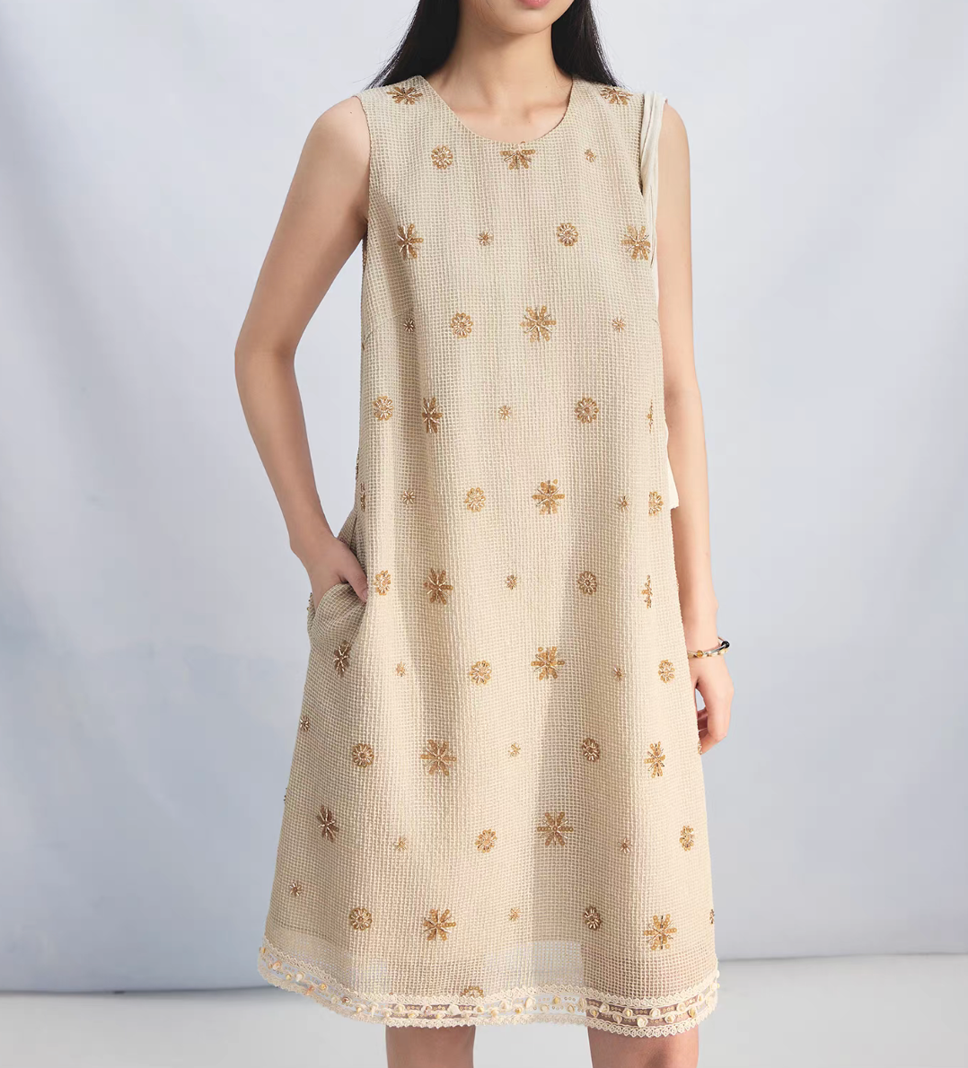 Beige cotton poly embroidered sequins beads lace trim sleeveless dress