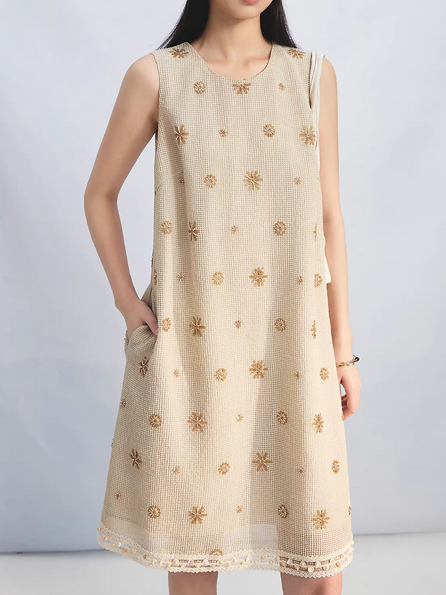 Beige cotton poly embroidered sequins beads lace trim sleeveless dress 1