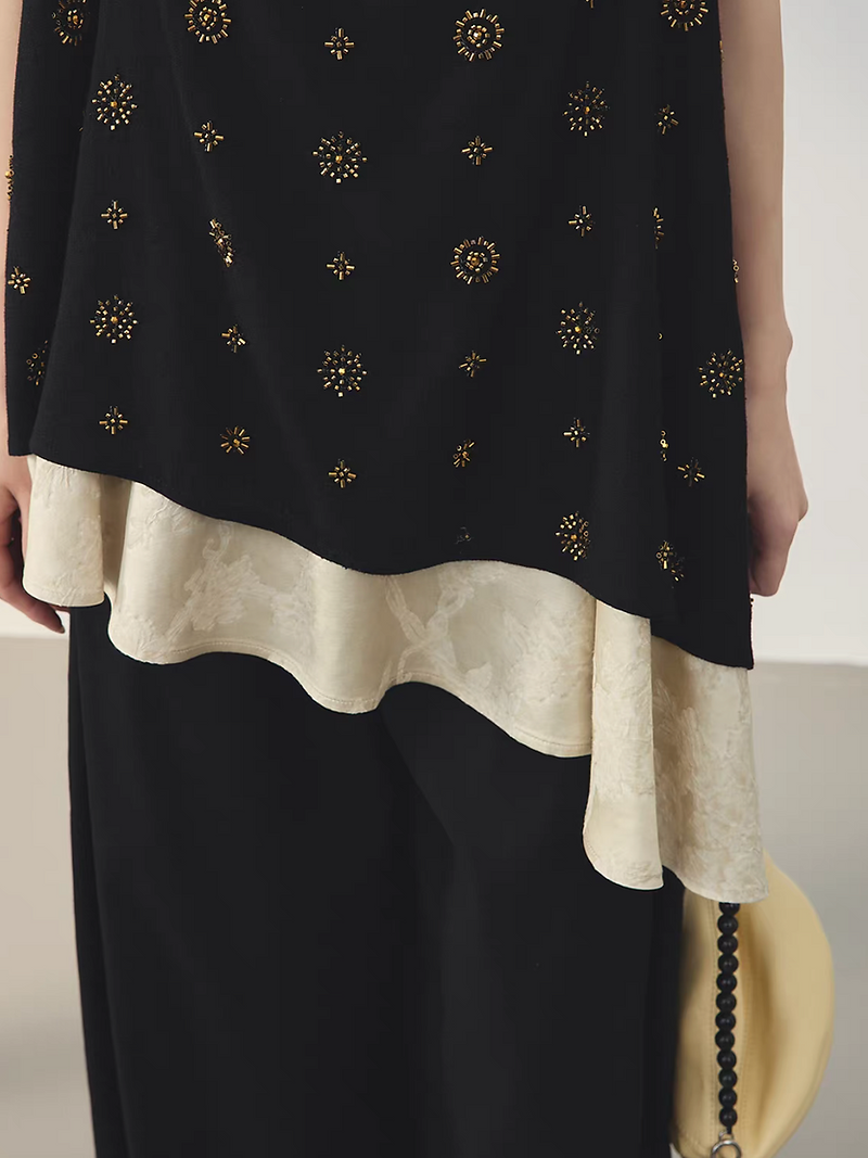 Handcraft two pieces like sequins black linen asymmetric linen poly ivory blouse 6