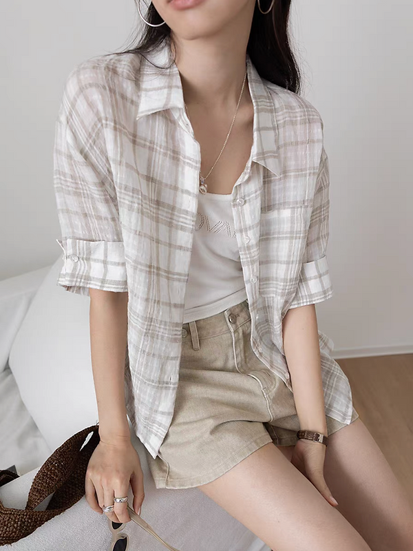 Checker sheer mid sleeved cotton linen shirt