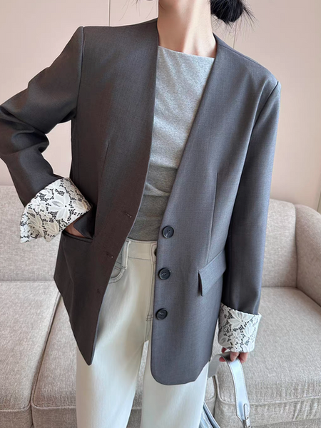 Inner ivory laced lined layer heather grey cotton rayon jacket