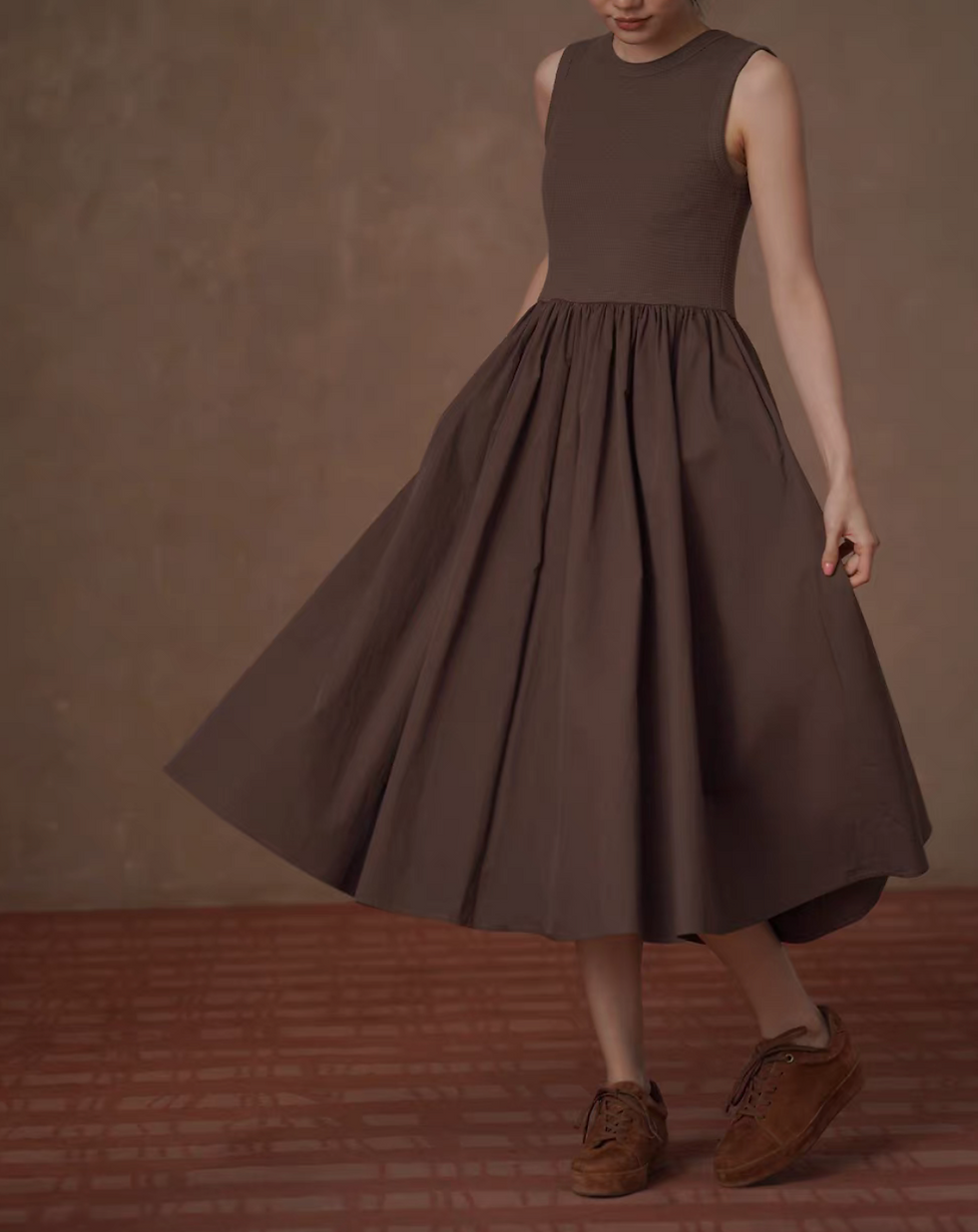 Thumbnail: Mocha waffled cotton docking maxi sleeveless dress