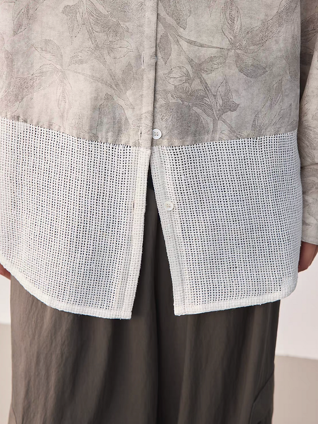 Linen lyocell chiffon poly buttoned docking floral beige blouse / shirt 8