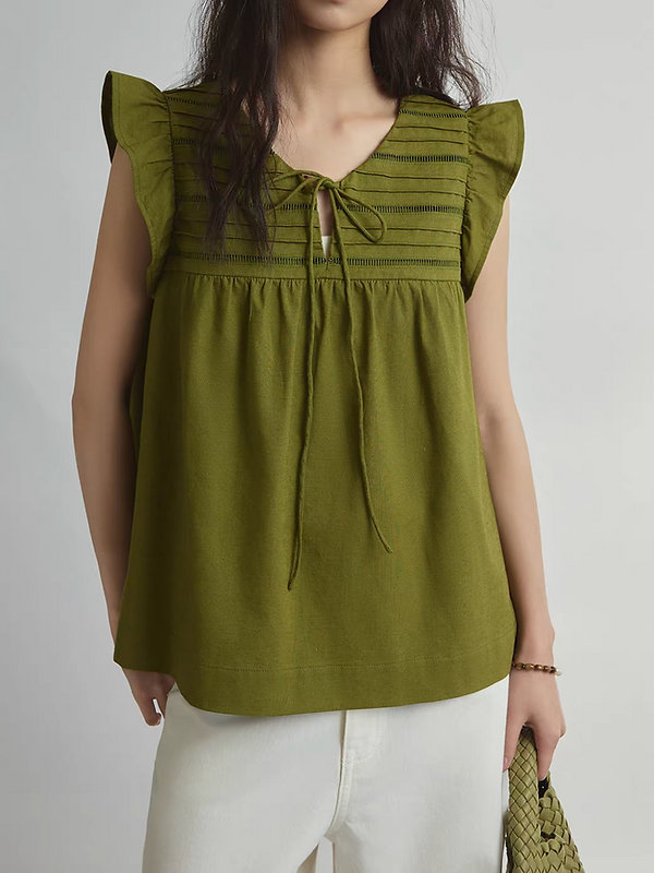 Flutter sleeves drawstring pleated cotton vest