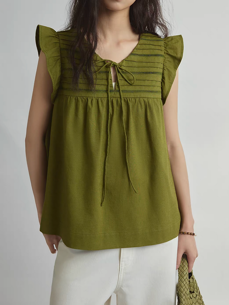 Flutter sleeves drawstring pleated cotton vest 1