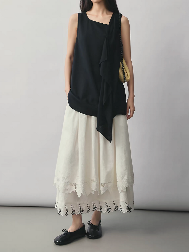 Floral crochet trim cotton linen layered music notes elasticated skirt 2