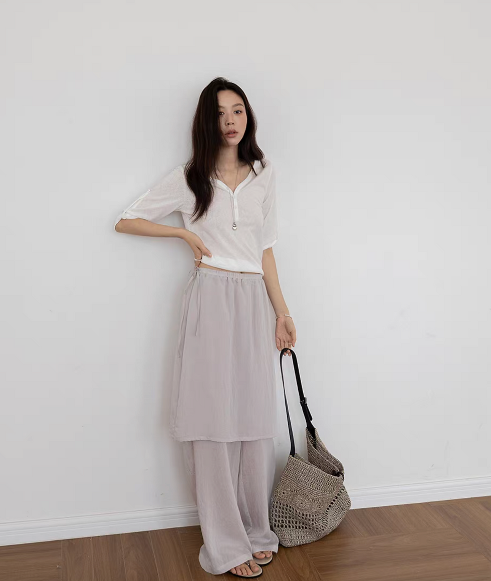 Thumbnail: V neck buttoned strap tencel cotton two way tee