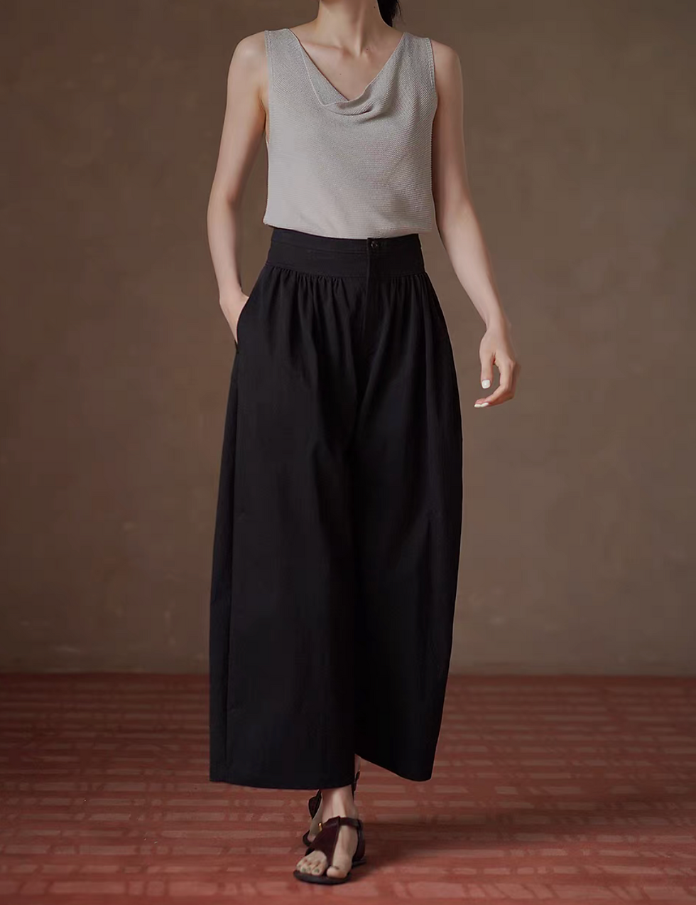 Thumbnail: High waisted black cotton poly barrel taper pants