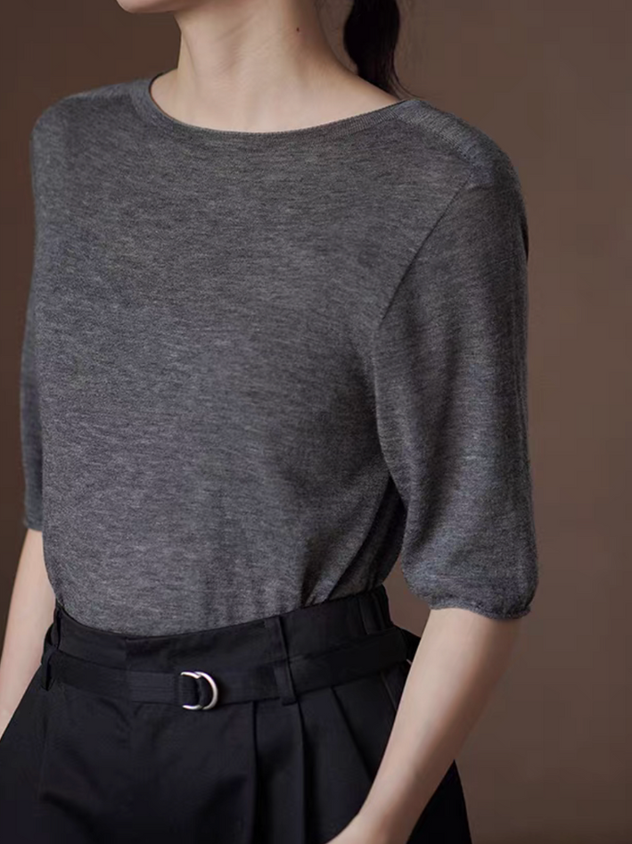Heather grey wool poly rayon knitted mid sleeved top 1