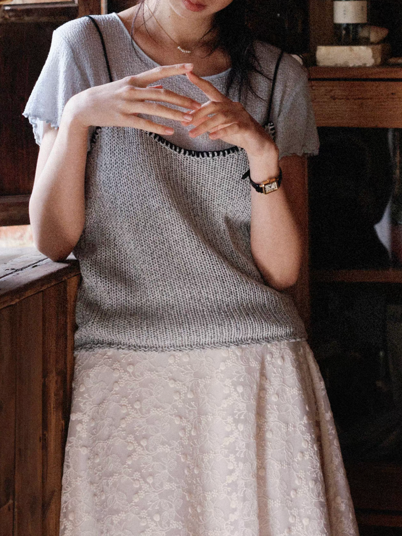 Tencel poly linen ribbed ruffle trim sleeves U neck tee 5