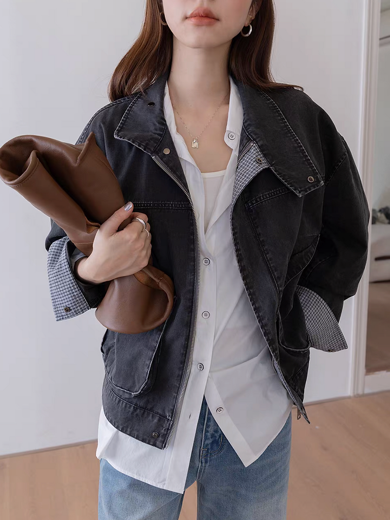 Charcoal checker fabric lined denim two way jacket 1