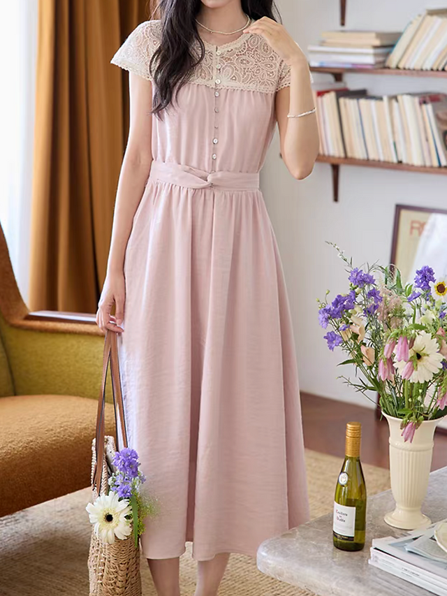 Lace docking cotton poly pink midi dress 4